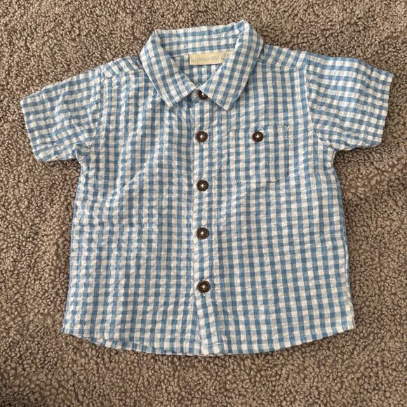 Jojo Maman Bebe Light Blue Short Sleeve Gingham Shirt - Size 3-6 months - Picture 1 of 6